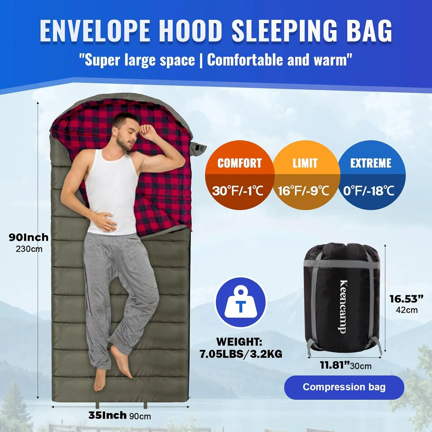 0 Degree Sleeping Bag Cotton Flannel Winter Cold Weather for Adults XXL Sleeping Bag 4 Season Big and Tall with Pillow Compression Sack