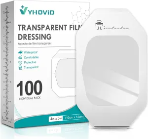 100 Packs Transparent Film Dressing 4" x 4.75" - Waterproof Bandages for Swimming, Showering, Wounds, Post Surgical Shower or IV Shield, Tattoo Aftercare Bandage, Scar Therapy, Adhesive Patches