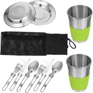 11pcs Stainless Steel Rv Camping Utensil Kit Picnic Plates Silverware Set Outdoor Dining Equipment
