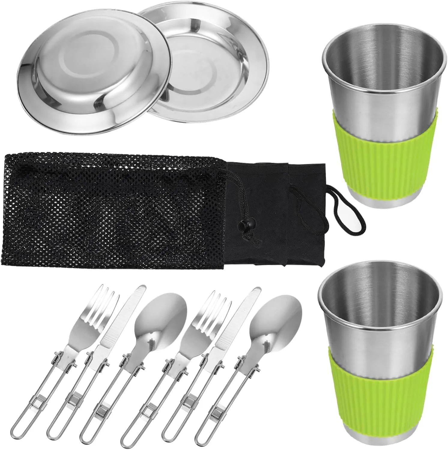 11pcs Stainless Steel Rv Camping Utensil Kit Picnic Plates Silverware Set Outdoor Dining Equipment