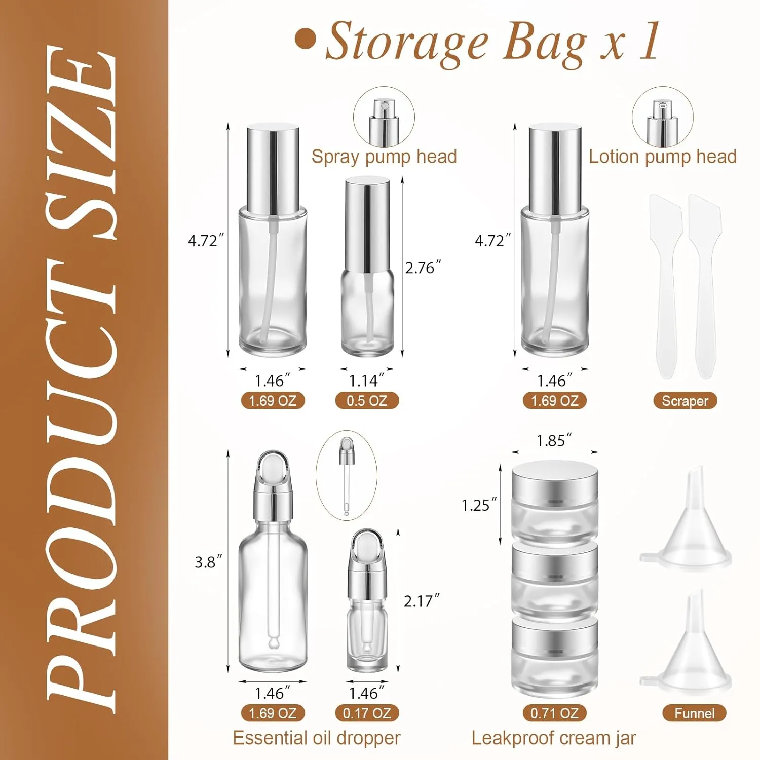 13 Pcs Glass Skincare Travel Containers Mini Makeup Containers Travel Size Toiletries Bottles with Pump Spray and PU Leather Toiletry Bag for Liquid Serum Cream Moisturizers Oils (Silver)