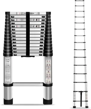 14.5 FT Telescoping Ladder 330 lbs Capacity Heavy Duty Aluminum Extendable Ladder Collapsible Locking Mechanism for Attic Household Use Outdoor Work