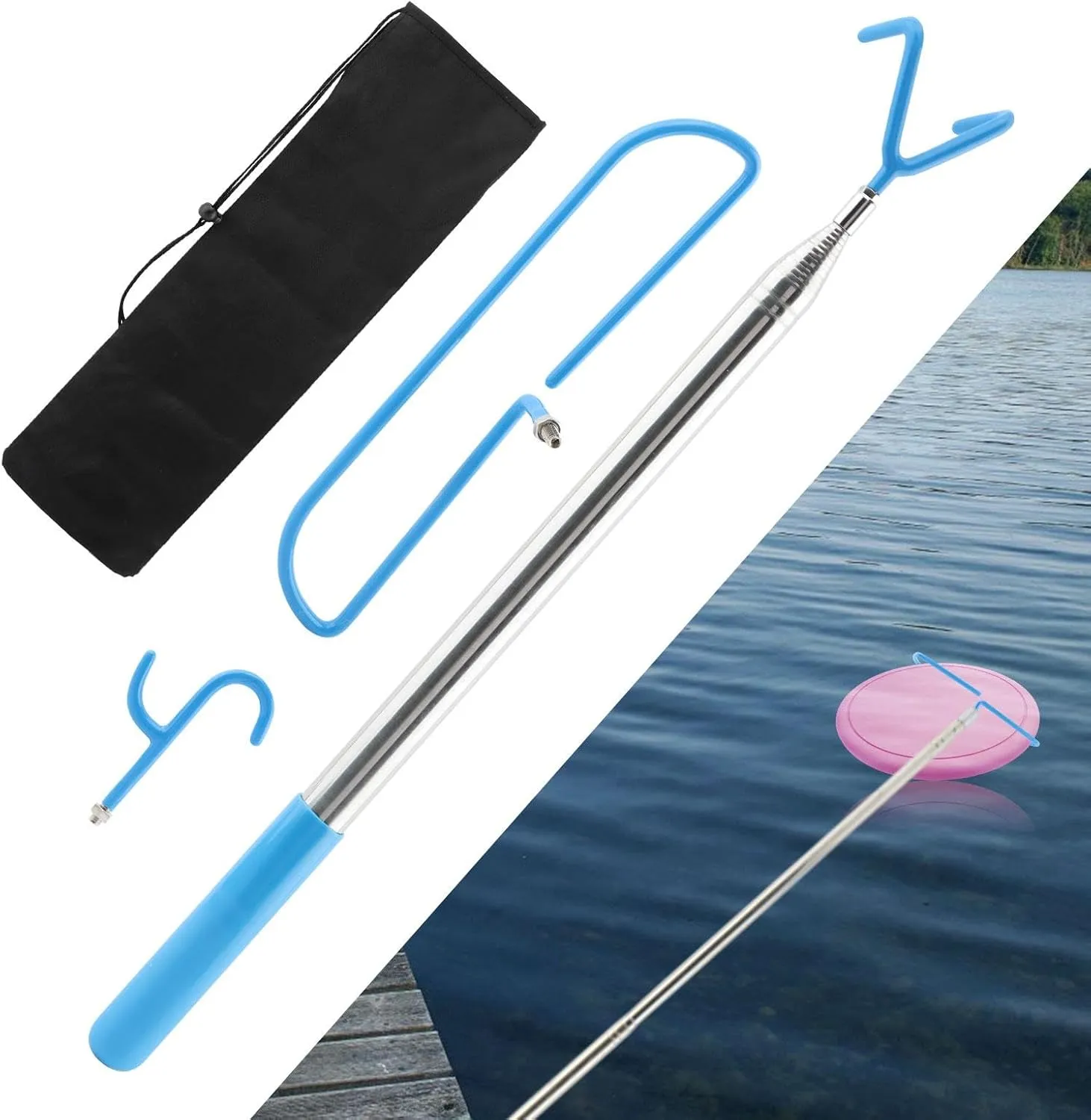 16 Feet Disc Golf Retriever Pole, Telescopic Discs Retriever with Stainless Steel Frame and Carry Bag, Extendable Disc-Golf Grabber Accessories Grabber for Tree, Bushes & Water