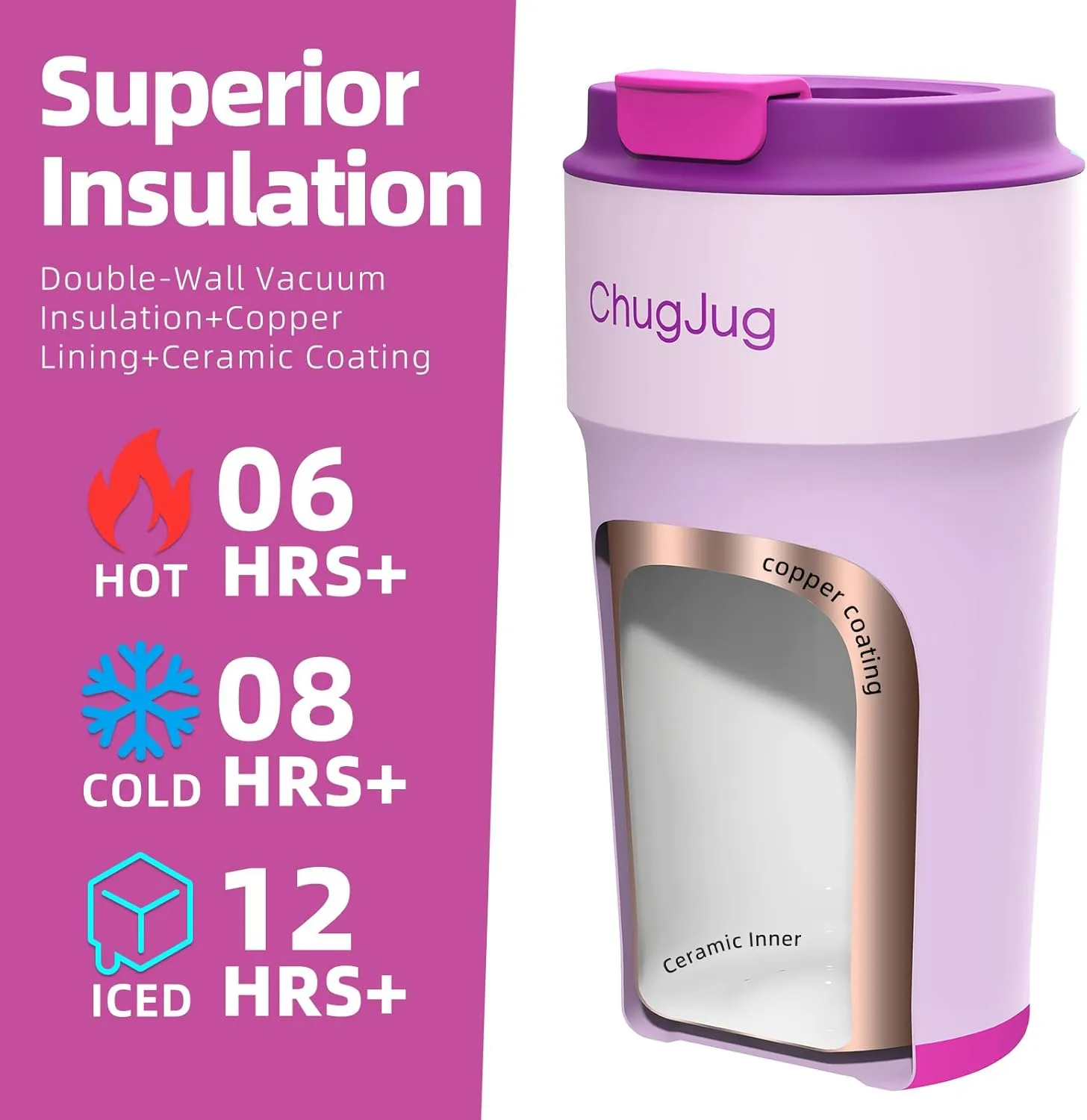 16 oz Travel Coffee Mug with Ceramic Coating, Leak-Proof Vacuum Insulated Coffee Tumbler with Lid, Reusable Double Wall Stainless Steel Travel Cup for Hot& Cold Drinks (Violet Dream)