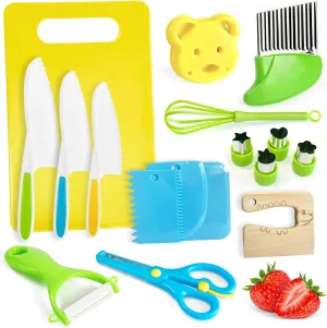 17 Pieces Kids Safe Knife Set for Real Cooking Child-Friendly Plastic Chef Tools Montessori Kitchen Toys for Toddlers with Bright Colors Gifts for Boys and Girls