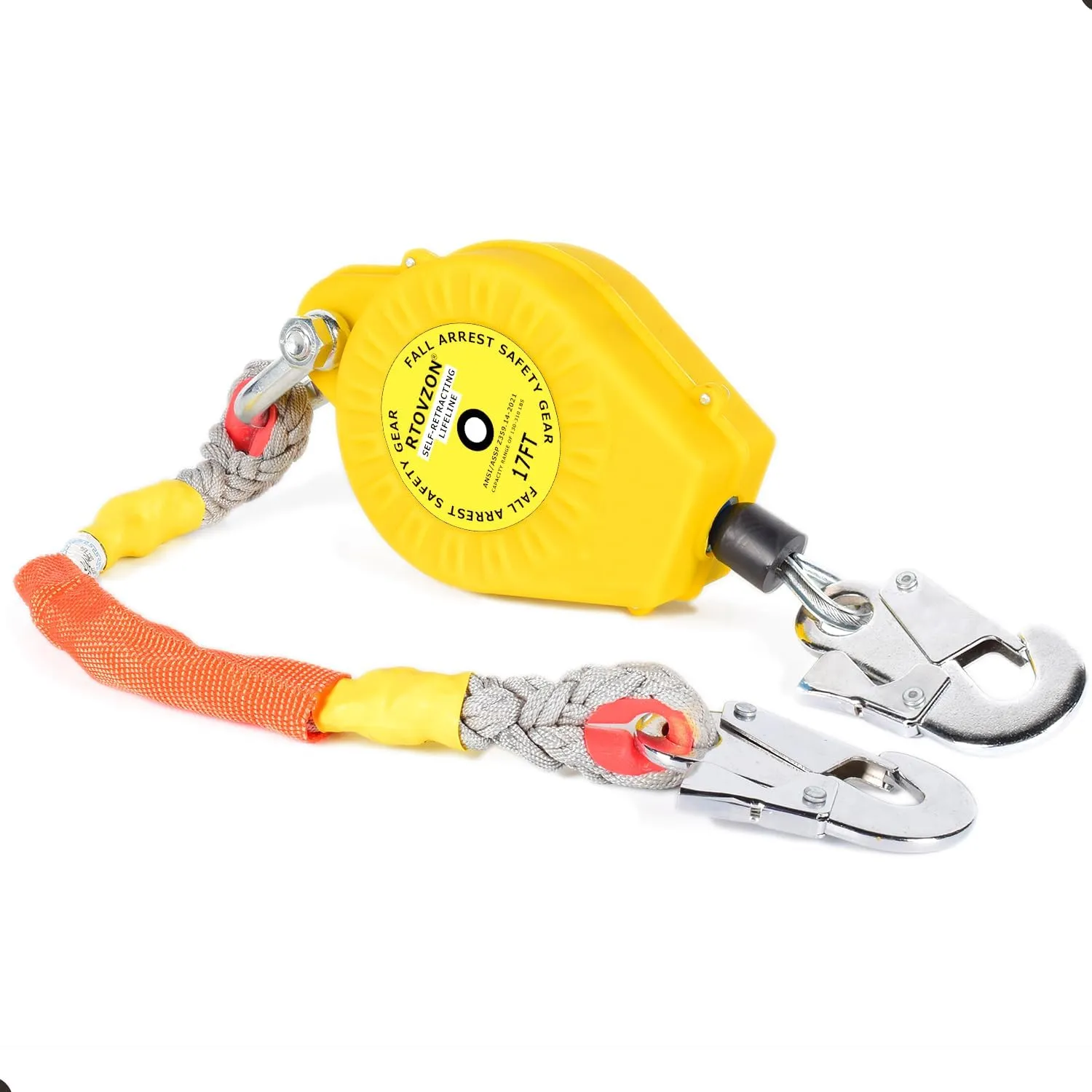 17FT RTOVZON Self Retracting Lifeline, Fall Arrest Fall Protection Dual Alloy Steel Hook Steel Wire Rope Heavy Duty Retractable Lanyard, Roofing Lifeline, SRL, Safety Lanyard