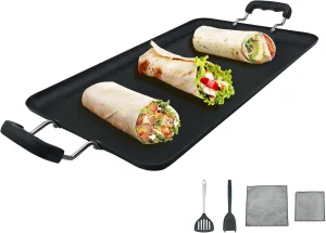 19" 5pcs Dual Burner Fry Pan Stove Griddle Set, Nonstick Double Griddle Pan with Handle Comales para Tortillas - Indoor Outdoor Cookware for Frying, Searing, Grilling, Browning