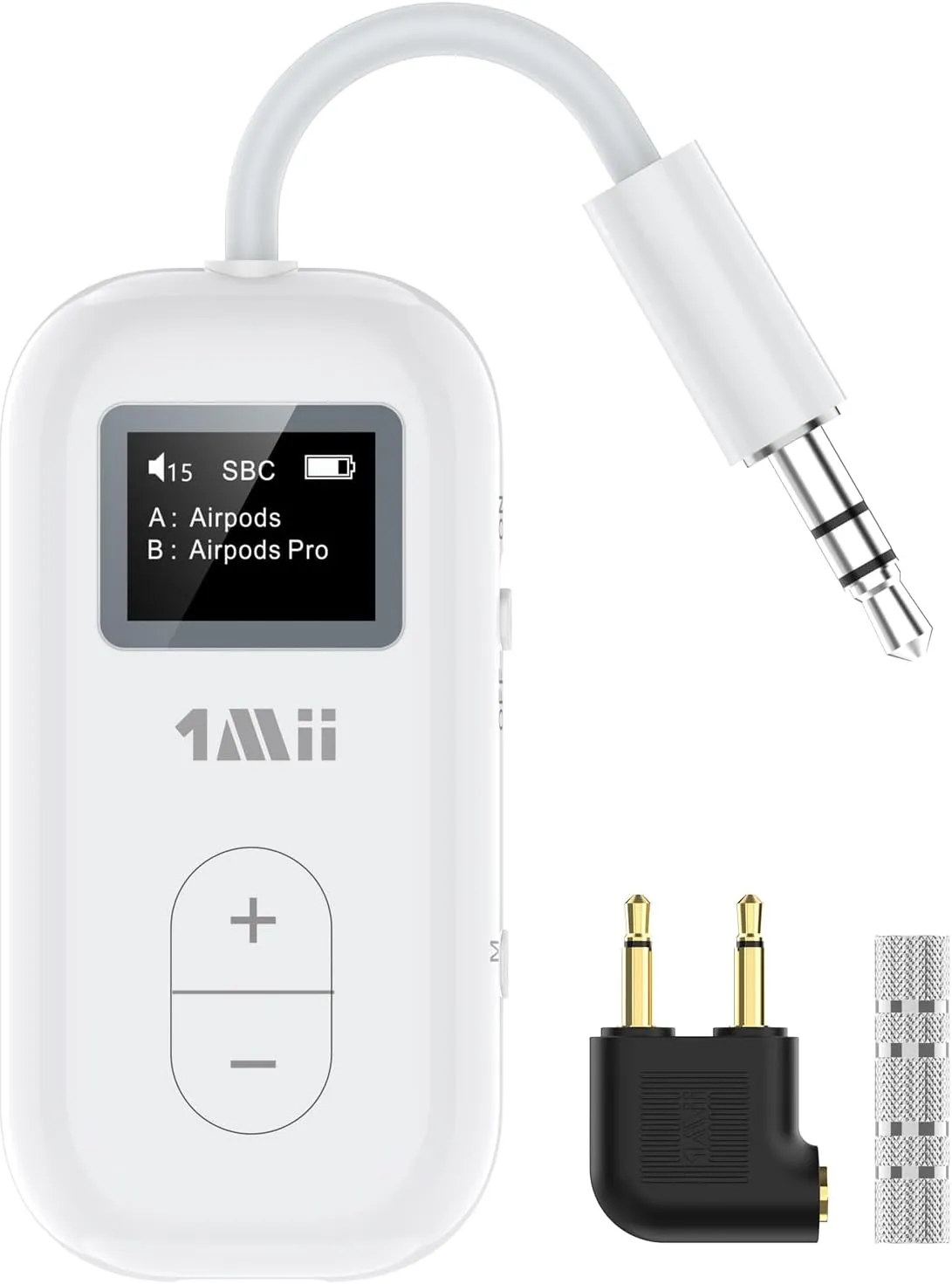1Mii SafeFly Dual | Bluetooth 5.3 Adapter Bluetooth Transmitter w/Screen for Wireless Headphones, Wireless Audio Transmitter Use with 3.5 mm Audio Jack on Airplanes/Gym/TVs-Transmitter Only