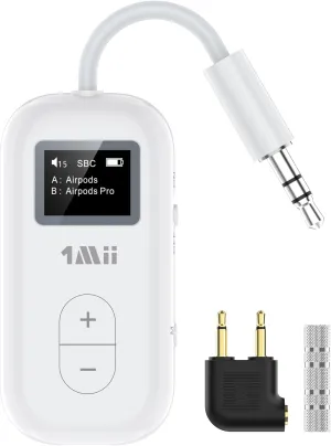 1Mii SafeFly Dual | Bluetooth 5.3 Adapter Bluetooth Transmitter w/Screen for Wireless Headphones, Wireless Audio Transmitter Use with 3.5 mm Audio Jack on Airplanes/Gym/TVs-Transmitter Only