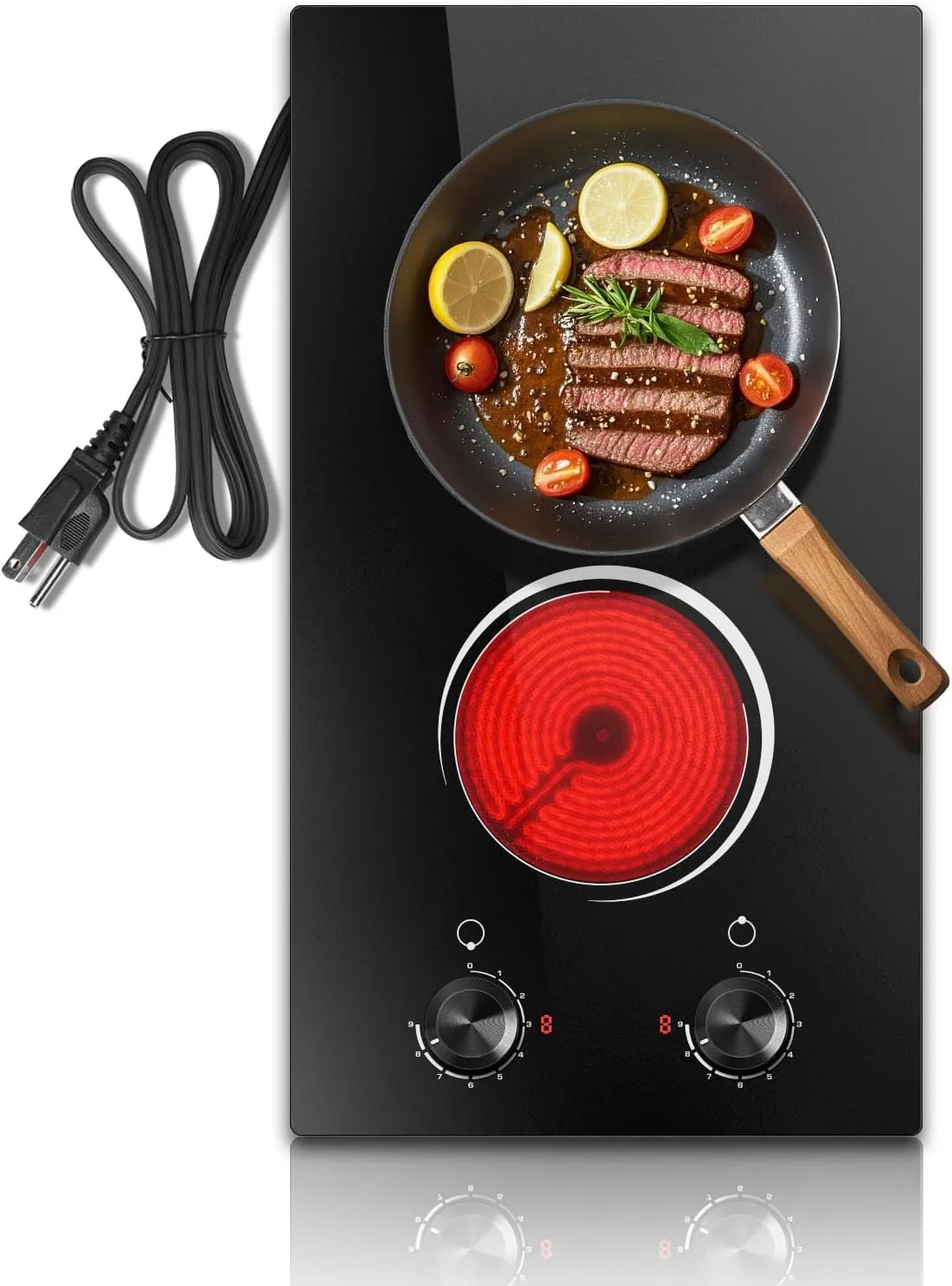 2 Burner Electric Cooktop, Nefaracy 2000W Electric Stove with Knob Control, Countertop & Built-in Electrical Stove Top, 12 Inch Ceramic Cooktop 110V, 9 Heating Level, Residual Heat Indicator, Plug in