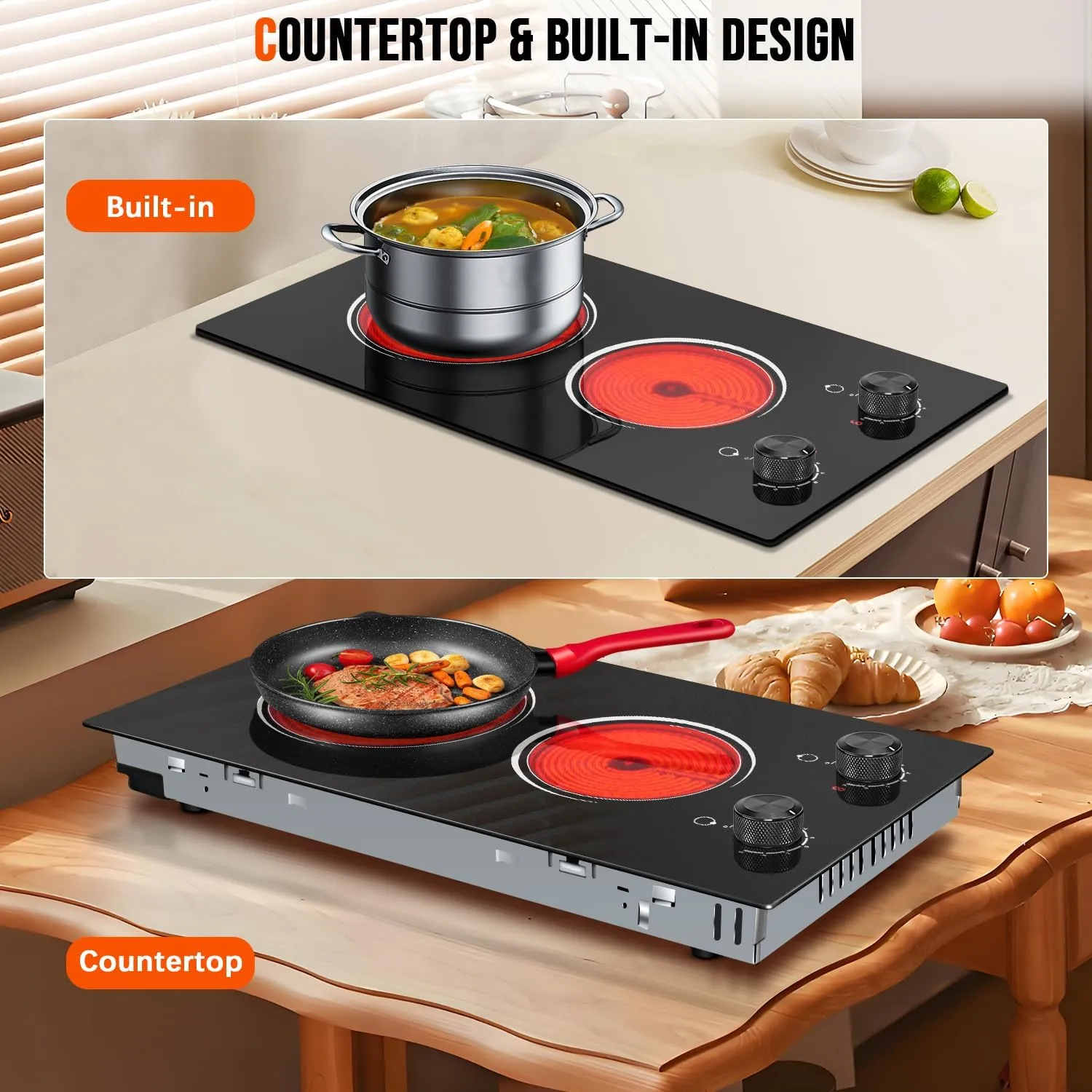 2 Burner Electric Cooktop, Nefaracy 2000W Electric Stove with Knob Control, Countertop & Built-in Electrical Stove Top, 12 Inch Ceramic Cooktop 110V, 9 Heating Level, Residual Heat Indicator, Plug in