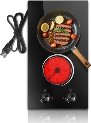 2 Burner Electric Cooktop, Nefaracy 2000W Electric Stove with Knob Control, Countertop & Built-in Electrical Stove Top, 12 Inch Ceramic Cooktop 110V, 9 Heating Level, Residual Heat Indicator, Plug in