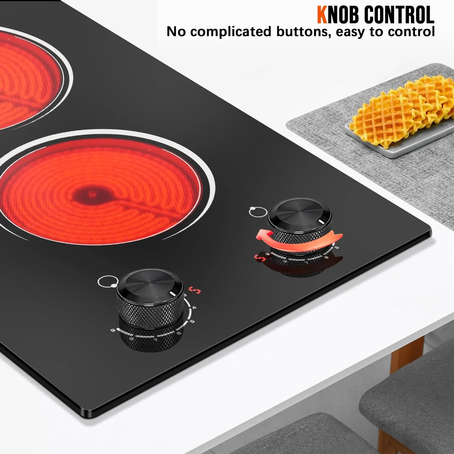 2 Burner Electric Cooktop, Nefaracy 2000W Electric Stove with Knob Control, Countertop & Built-in Electrical Stove Top, 12 Inch Ceramic Cooktop 110V, 9 Heating Level, Residual Heat Indicator, Plug in