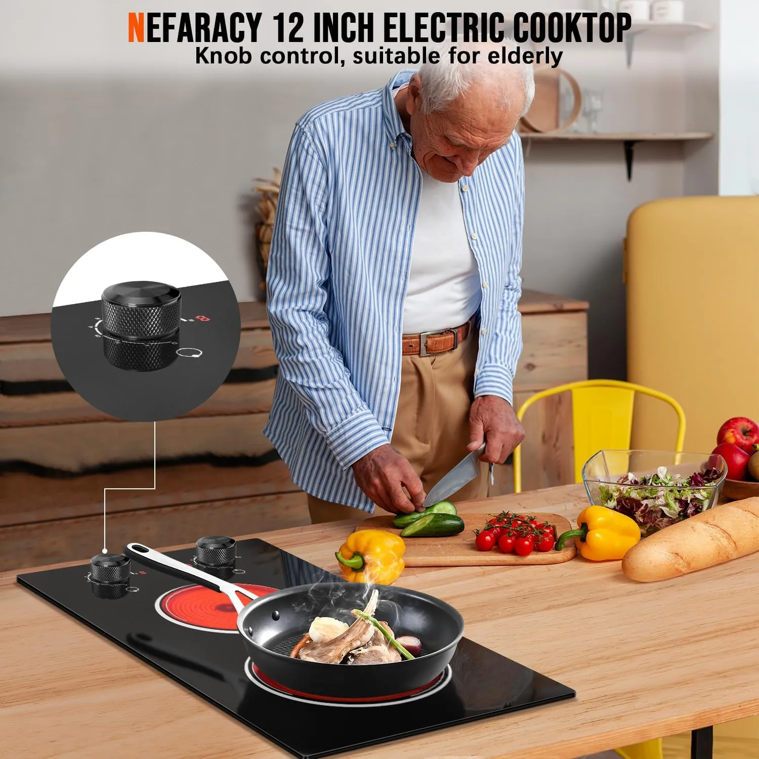 2 Burner Electric Cooktop, Nefaracy 2000W Electric Stove with Knob Control, Countertop & Built-in Electrical Stove Top, 12 Inch Ceramic Cooktop 110V, 9 Heating Level, Residual Heat Indicator, Plug in