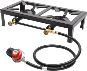 2 Burner Propane Stove Outdoor Double Burner Gas Stove Portable Camp Stove Cooker with Adjustable 0-20Psi Regulator Hose for Patio Camping BBQ Home Brewing, Black