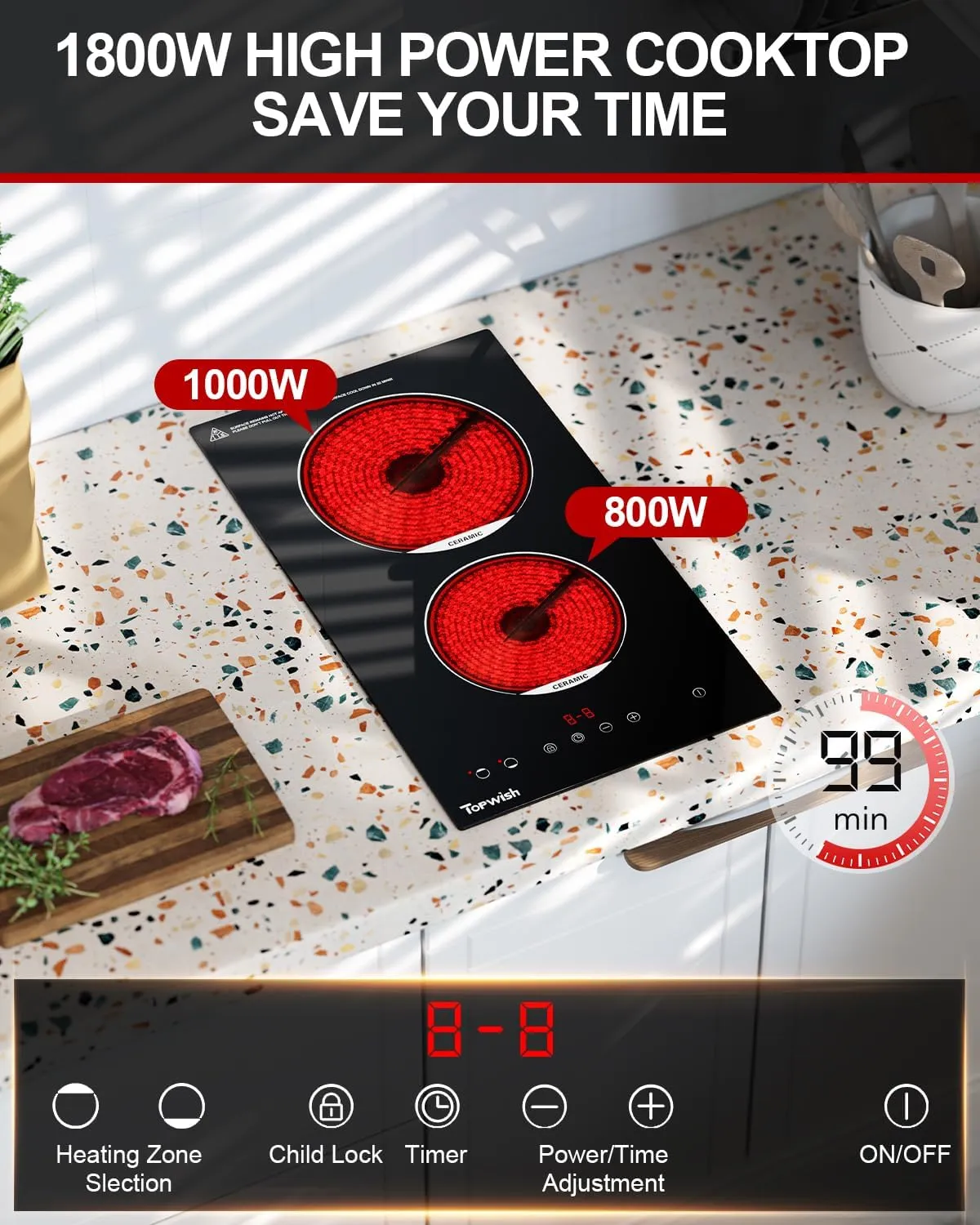 2 Burners Electric Cooktop, 12 Inch Built-in Ceramic Cooktop, 120v Plug in Electric Stove Top with Child Lock, Timer, Over-Temperature Protection, Sensor Touch Control