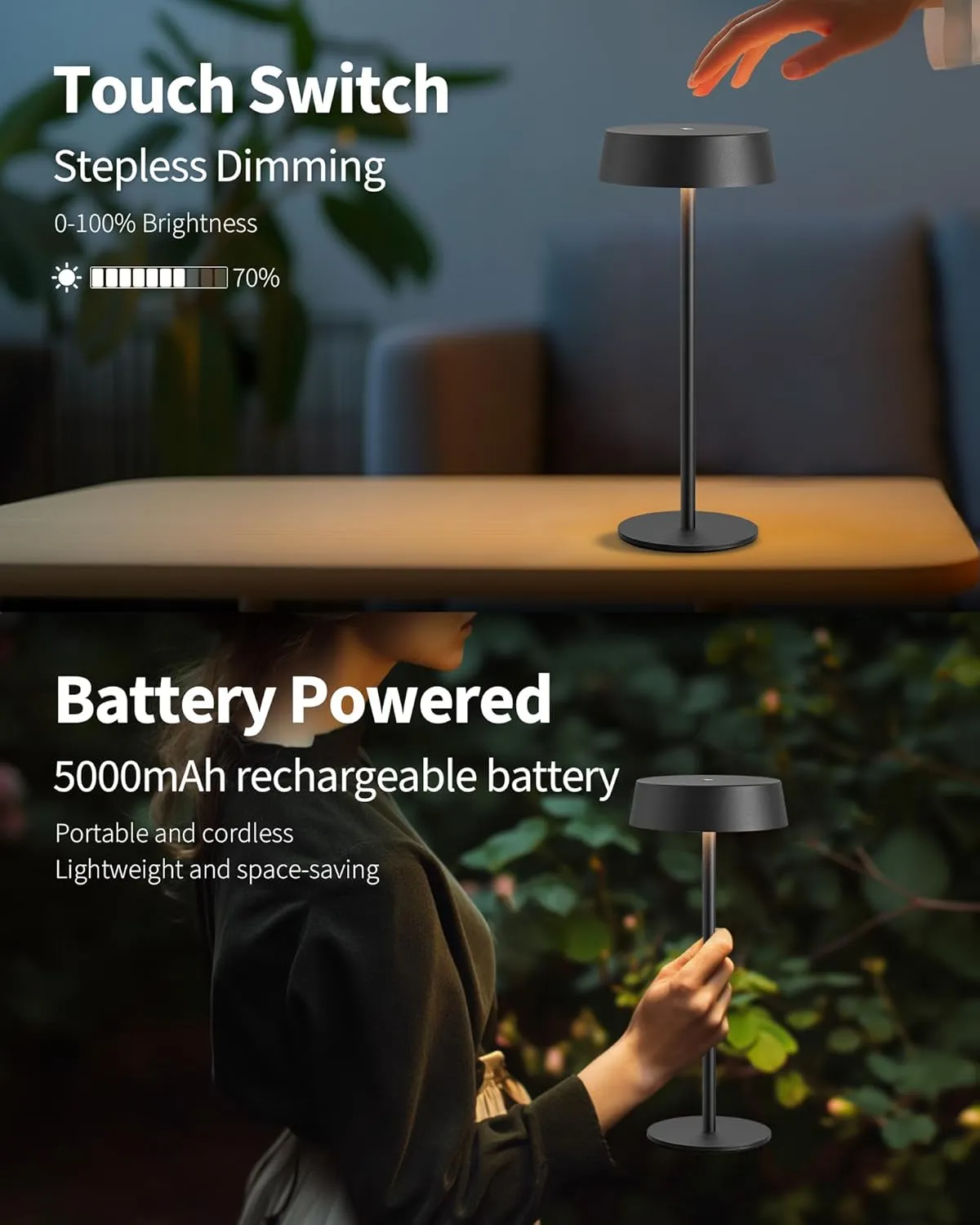 2 Pack Cordless Table Lamps, Rechargeable Lamp with 5000mAh Battery Operated, Touch Lamps, Portable Indoor/Outdoor Lamp for Kitchen Living Room Bedroom, Waterproof (Black)