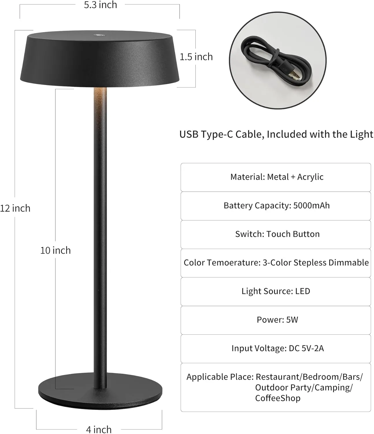 2 Pack Cordless Table Lamps, Rechargeable Lamp with 5000mAh Battery Operated, Touch Lamps, Portable Indoor/Outdoor Lamp for Kitchen Living Room Bedroom, Waterproof (Black)