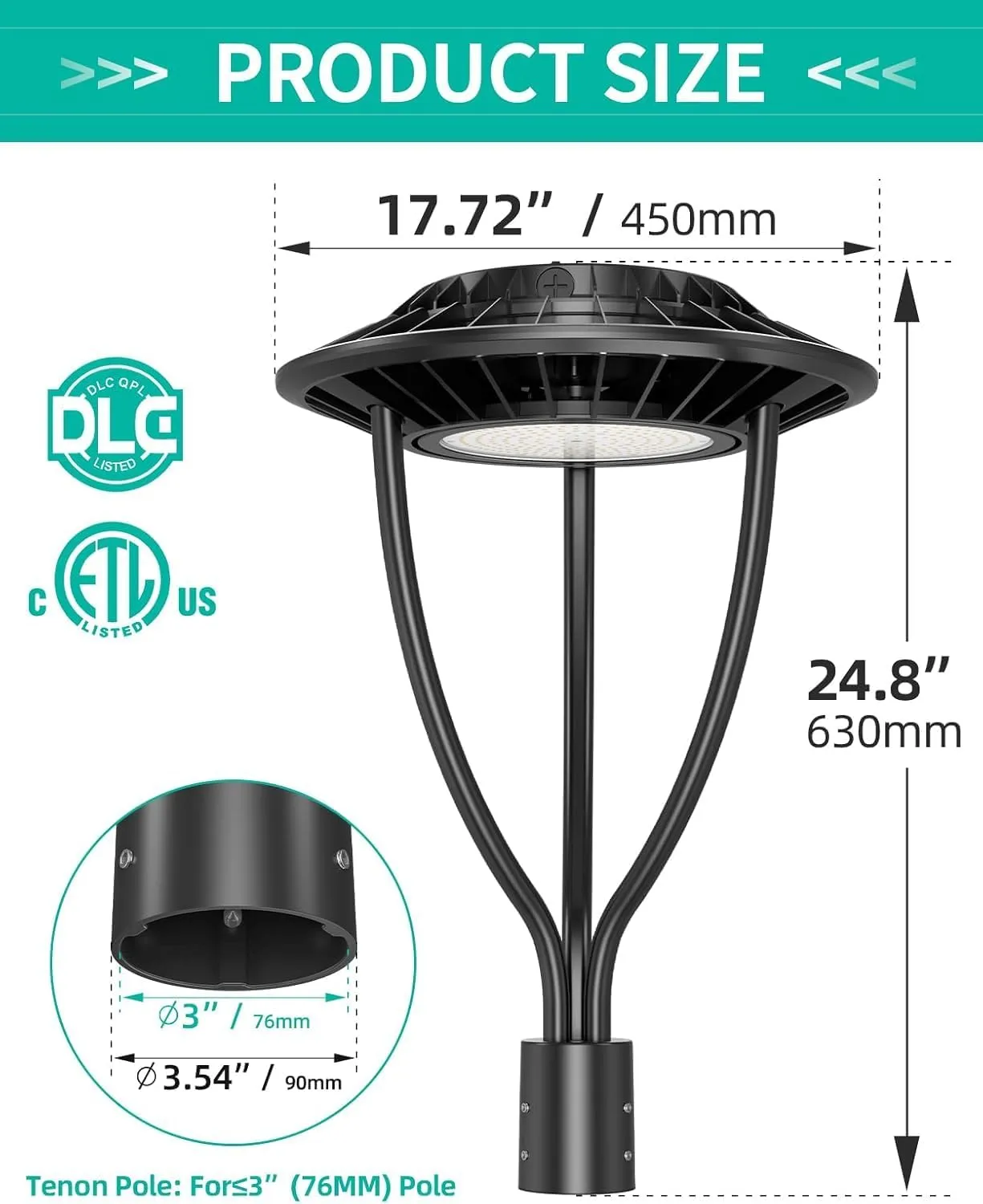 2 Pack LED Post Top Light ETL DLC Listed 150W 120W 90W Adjustable Outdoor Pole Lights with Photocell IP65 Waterproof Post LED Fixture 5000K for Garden Yard Street Lighting