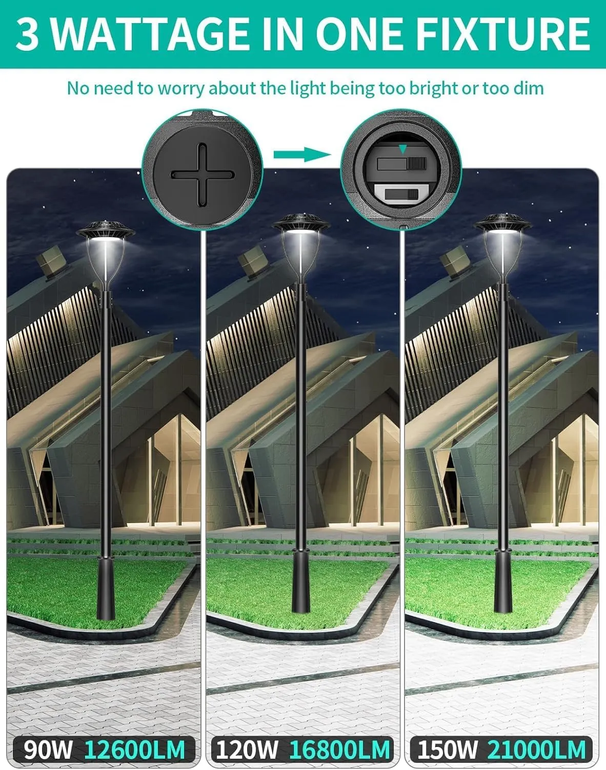 2 Pack LED Post Top Light ETL DLC Listed 150W 120W 90W Adjustable Outdoor Pole Lights with Photocell IP65 Waterproof Post LED Fixture 5000K for Garden Yard Street Lighting