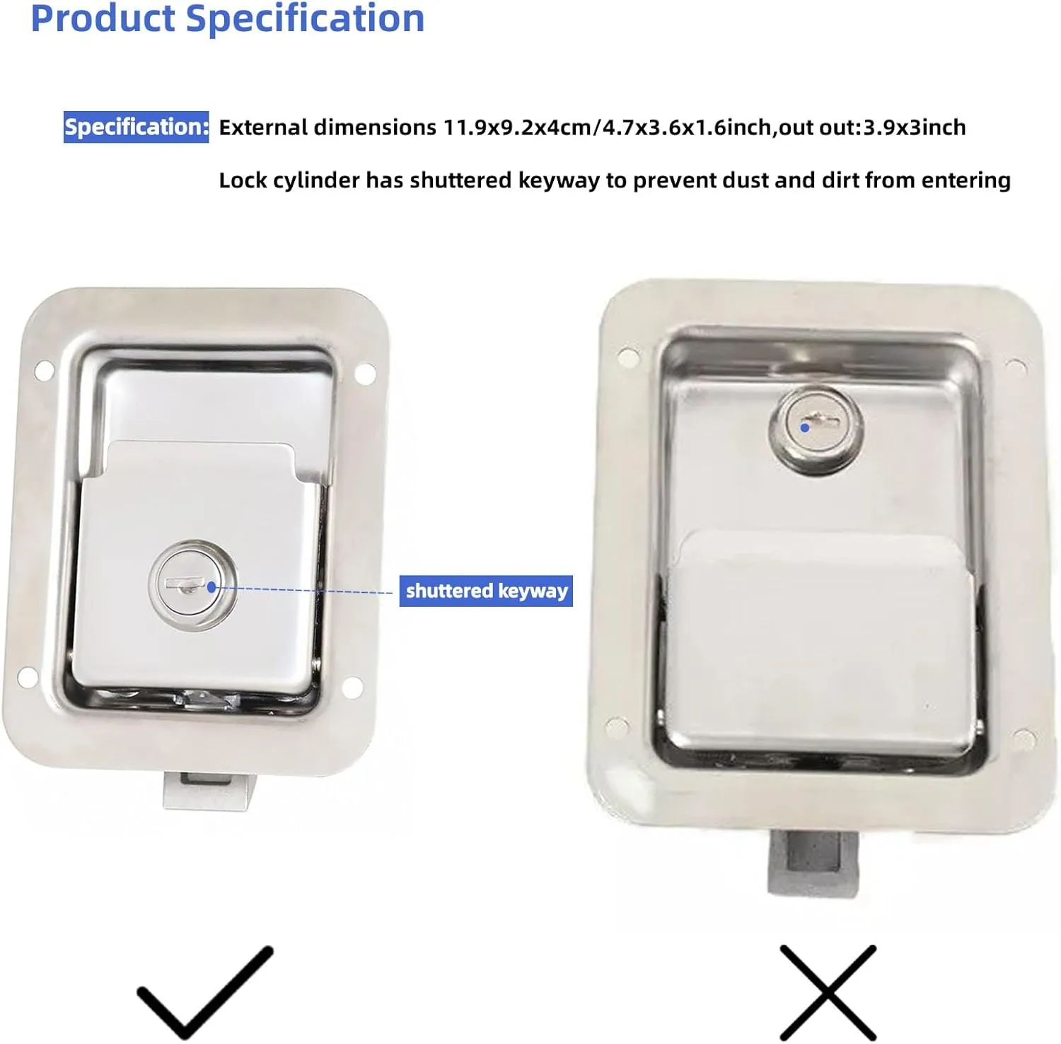 2 Pack Stainless Door Lock Heavy Duty Flush Mount Handle Latch for Trailer Toolbox RV Handle Latch with Gasket Keys