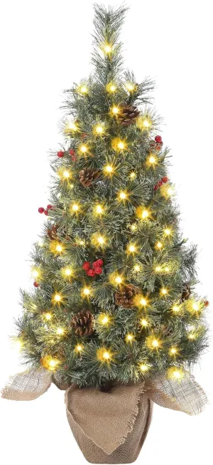 2 PCS Pre-Lit 3' Artificial Mini Xmas Tree, Nordic Spruce Christmas Tree with Led Lights & Burlap Bag Base, Suitable for Tabletop, Office & Home Decoration