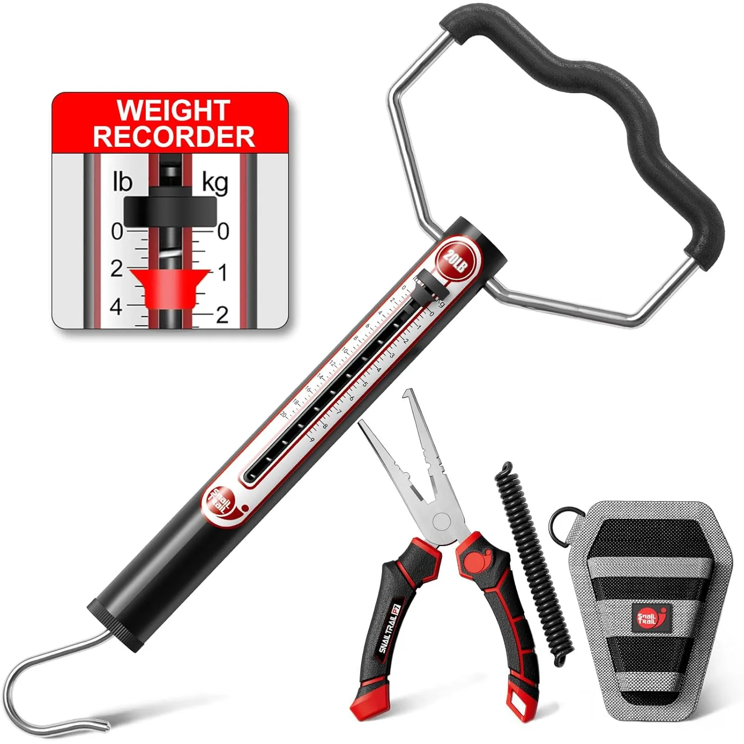 20 LB Aluminum Tube Spring Fish Scale & 7'' Split Ring Pliers Kit, Portable Fishing Weighing Gauge with Peak Weight Marker & Zero Reset, Hand Held Hanging Manual Pull Weigher with Hook