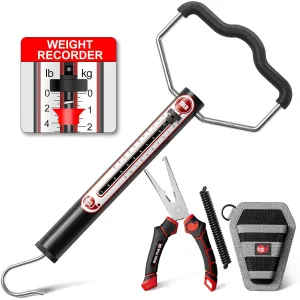 20 LB Aluminum Tube Spring Fish Scale & 7'' Split Ring Pliers Kit, Portable Fishing Weighing Gauge with Peak Weight Marker & Zero Reset, Hand Held Hanging Manual Pull Weigher with Hook