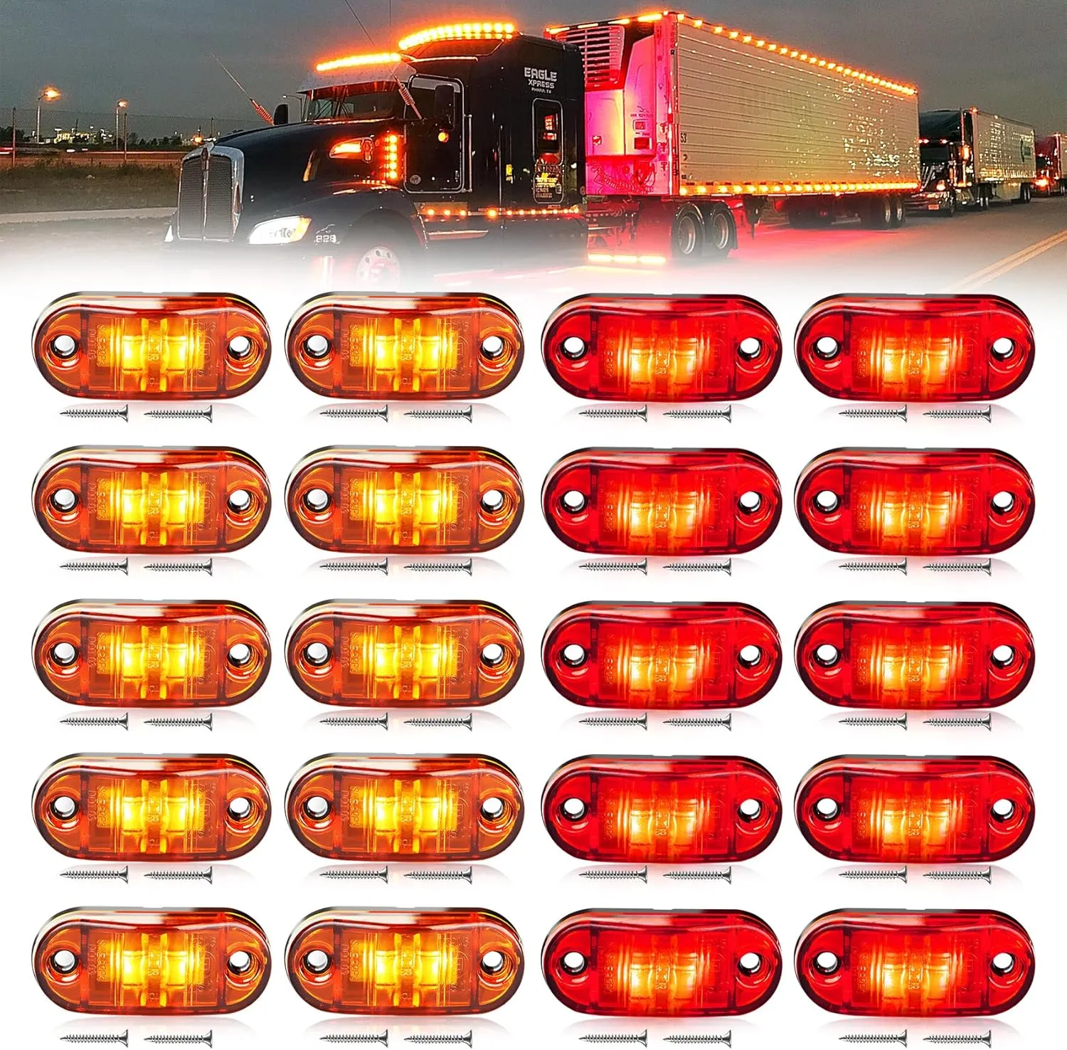 20 PCS 2.5 inch LED Trailer Lights Kit with Screws, Front Rear Side Marker Clearance Indicators Light Lamp, Amber   Red Dc12-24V Waterproof Universal Accessories for Rv Camper Truck Van Caravan Boat