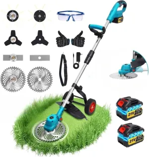 20000RPM Electric Weed Wacker with Wheels,Electric Weed Eater Battery Powered,Grass Trimmers Cordless,Cordless String Trimmer with Battery and Charger(Blue)