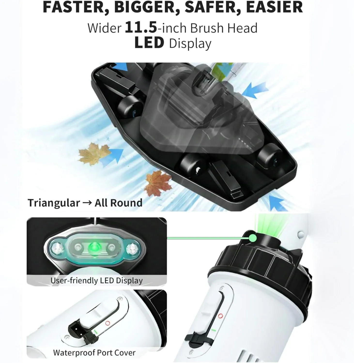 2025Upgraded Cordless Pool Vacuum for Above Ground,LED Display&11.5" Wider Head,Handheld Pool Spa Vacuum Cleaner for Inground Pools Hot Tub,Rechargeable,up to 19.5 GPM for Leaves,Debris,Shallow Steps