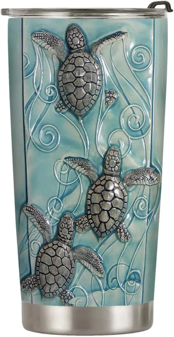 20oz Printed Ceramic Sea Turtle Tumbler, Gifts for Turtle Lovers, Ocean, Beach Gifts, Coffee Thermos for Women, Stainless Steel Double Wall Vacuum Insulated Coffee Mug, Travel Cup with Lid
