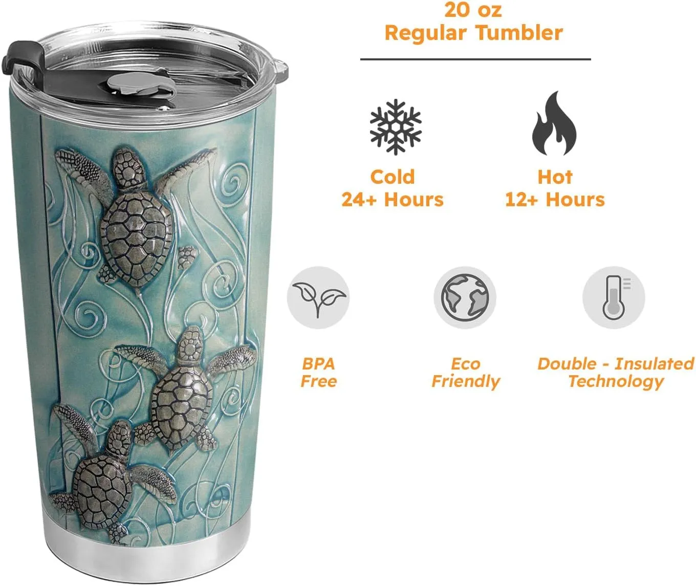 20oz Printed Ceramic Sea Turtle Tumbler, Gifts for Turtle Lovers, Ocean, Beach Gifts, Coffee Thermos for Women, Stainless Steel Double Wall Vacuum Insulated Coffee Mug, Travel Cup with Lid