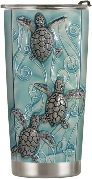 20oz Printed Ceramic Sea Turtle Tumbler, Gifts for Turtle Lovers, Ocean, Beach Gifts, Coffee Thermos for Women, Stainless Steel Double Wall Vacuum Insulated Coffee Mug, Travel Cup with Lid