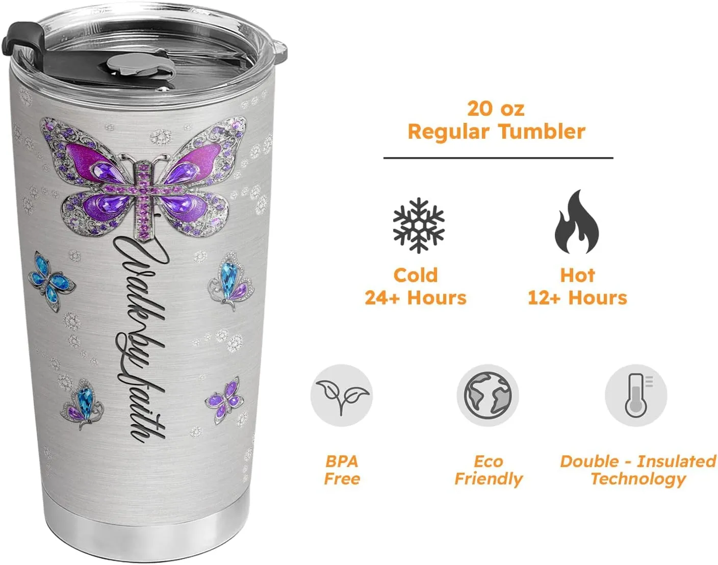 20oz Printed Jewelry Crystal Butterfly Faith Hope Love Tumbler, Religious, Christian Gifts, Coffee Thermos for Women, Stainless Steel Double Wall Vacuum Insulated Coffee Mug, Travel Cup with Lid