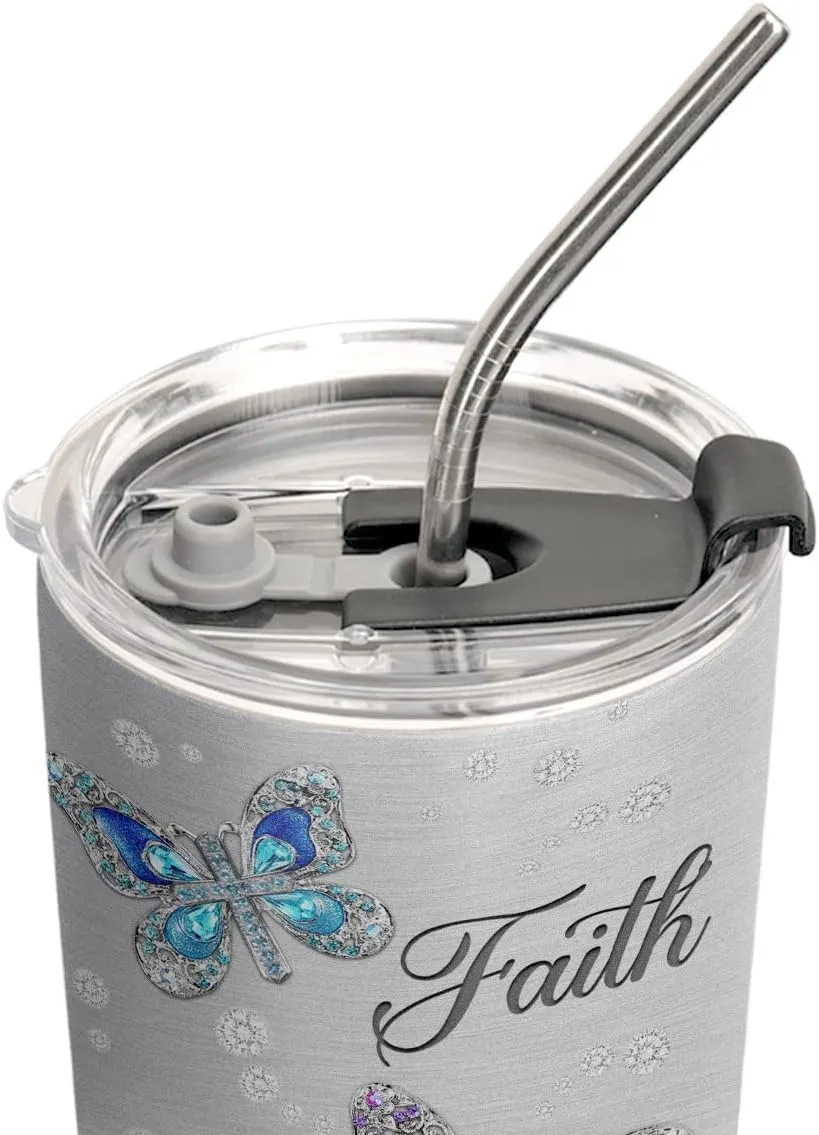 20oz Printed Jewelry Crystal Butterfly Faith Hope Love Tumbler, Religious, Christian Gifts, Coffee Thermos for Women, Stainless Steel Double Wall Vacuum Insulated Coffee Mug, Travel Cup with Lid