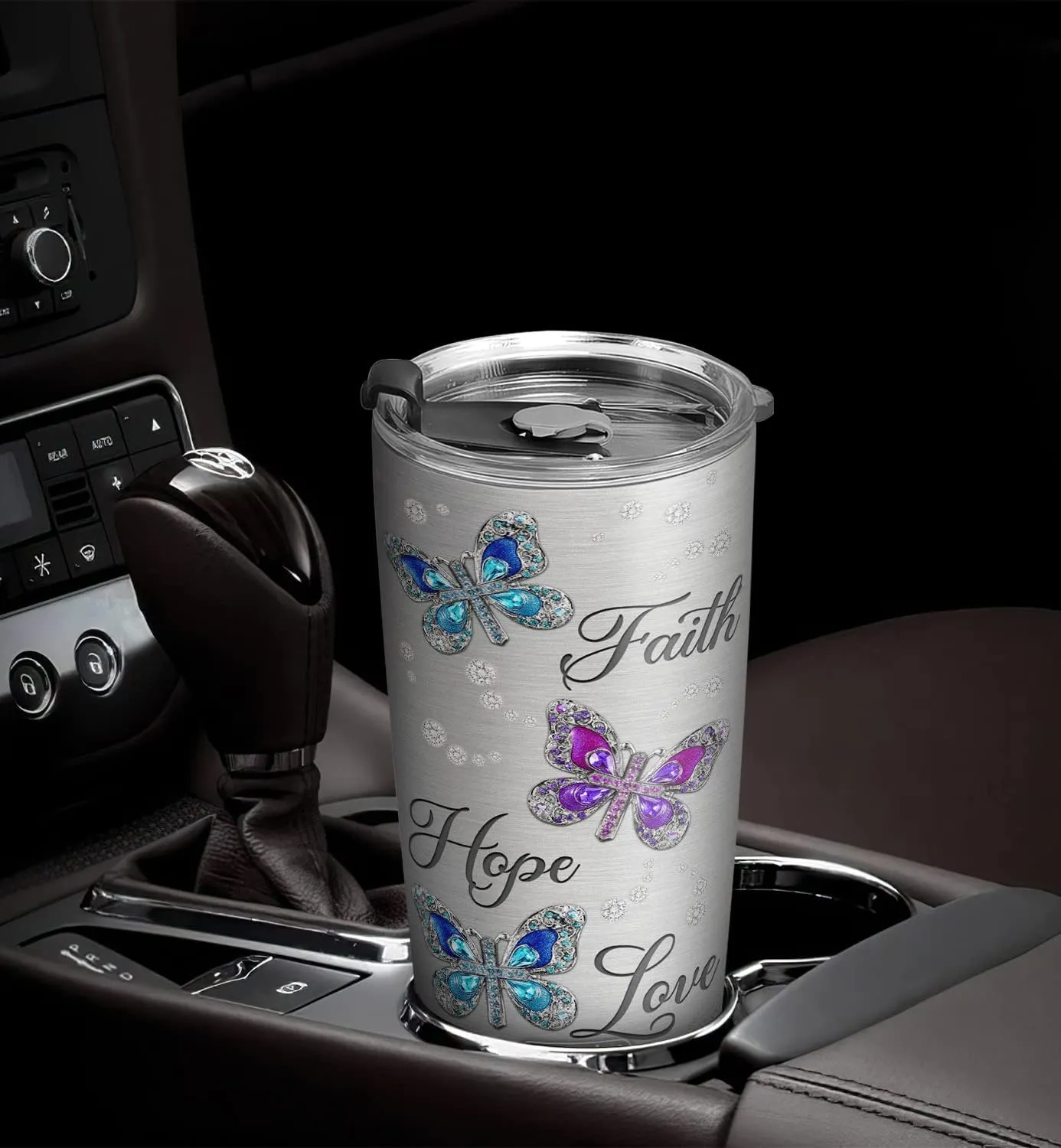20oz Printed Jewelry Crystal Butterfly Faith Hope Love Tumbler, Religious, Christian Gifts, Coffee Thermos for Women, Stainless Steel Double Wall Vacuum Insulated Coffee Mug, Travel Cup with Lid