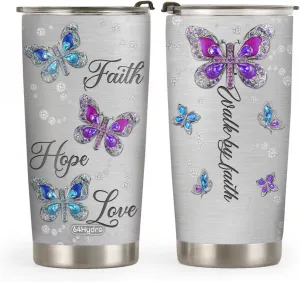20oz Printed Jewelry Crystal Butterfly Faith Hope Love Tumbler, Religious, Christian Gifts, Coffee Thermos for Women, Stainless Steel Double Wall Vacuum Insulated Coffee Mug, Travel Cup with Lid