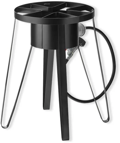 21" Tall Portable Gas Stove with Hose Guard, Steel Heavy Duty Single Burner Outdoor Patio Stove, Tank Cooker Perfect for Deep Frying or Steaming, Turkey Fry, Catered Events, Camping, Range - 55,000BTU