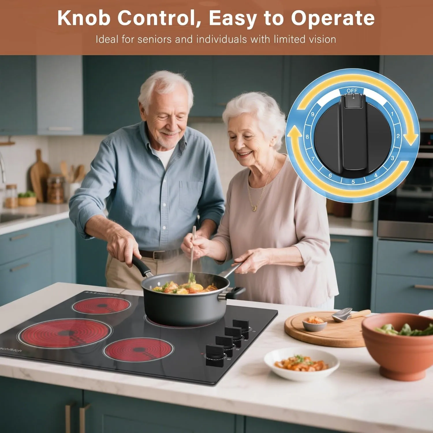 24" Built-In 4 Burner Electric Cooktop, Dual-Ring Burners, 6700W Radiant Stove Top with Knob Control, Residual Heat Indicator & Auto Shut Off, ETL Certified, 220-240v Hardwire(No Plug)