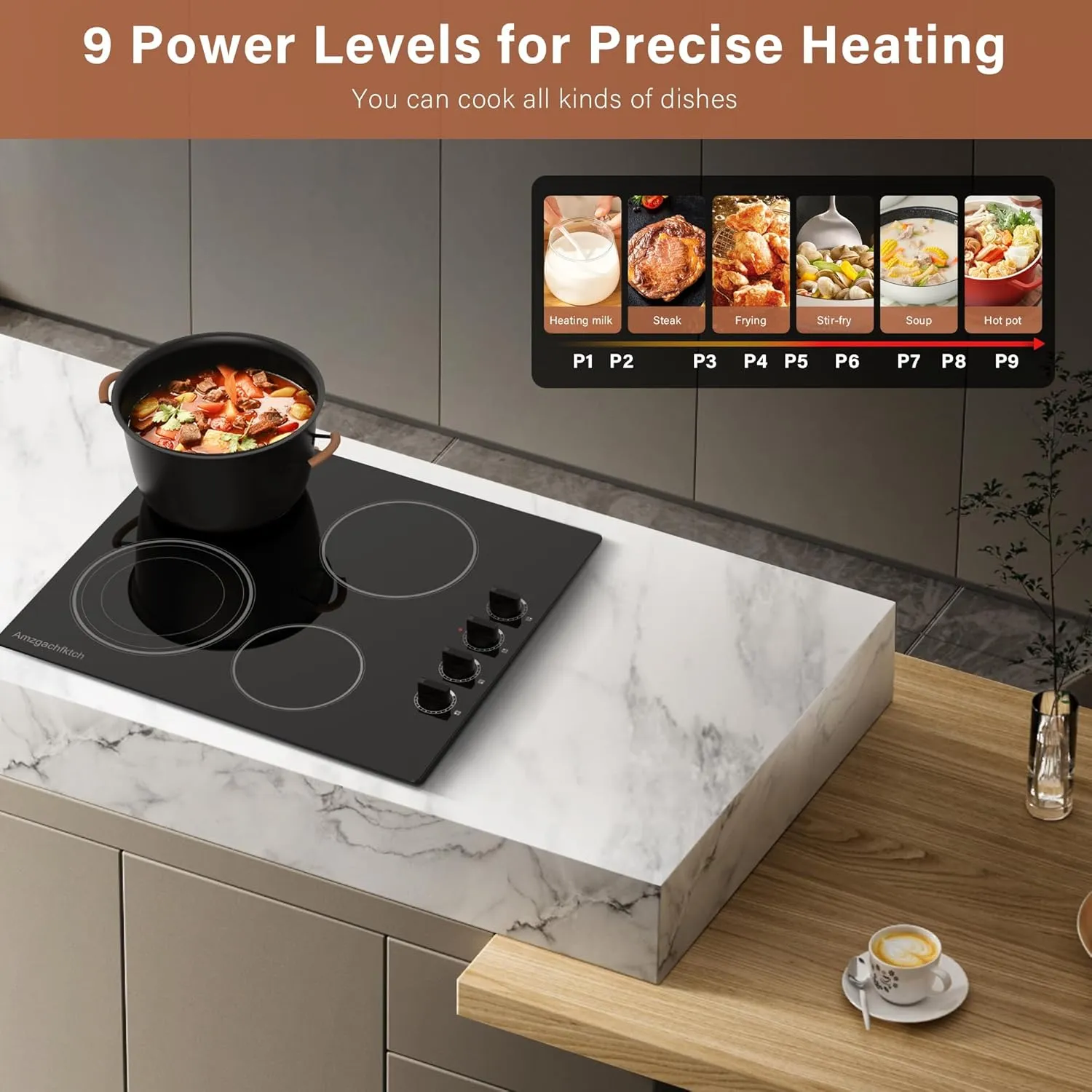 24" Built-In 4 Burner Electric Cooktop, Dual-Ring Burners, 6700W Radiant Stove Top with Knob Control, Residual Heat Indicator & Auto Shut Off, ETL Certified, 220-240v Hardwire(No Plug)