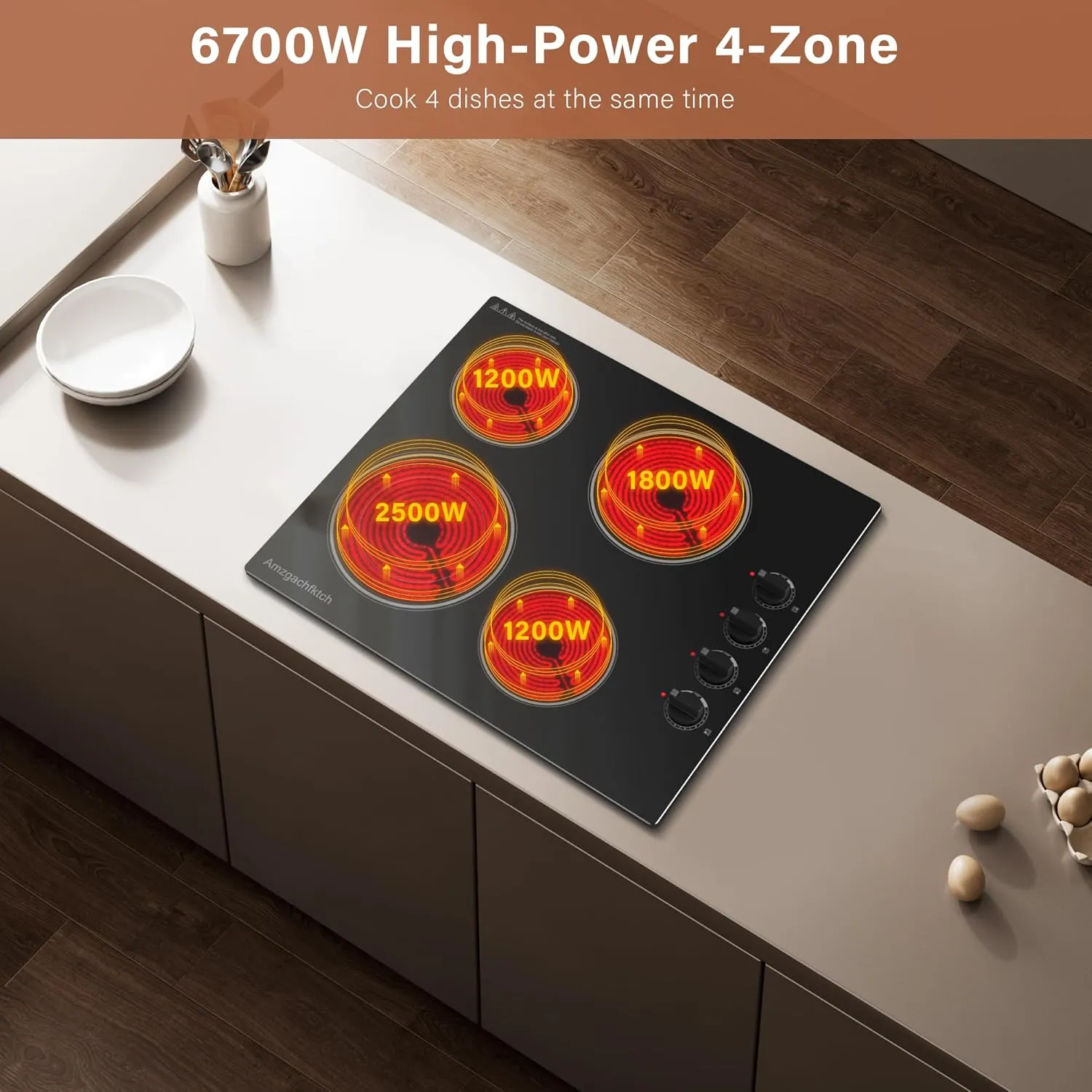 24" Built-In 4 Burner Electric Cooktop, Dual-Ring Burners, 6700W Radiant Stove Top with Knob Control, Residual Heat Indicator & Auto Shut Off, ETL Certified, 220-240v Hardwire(No Plug)