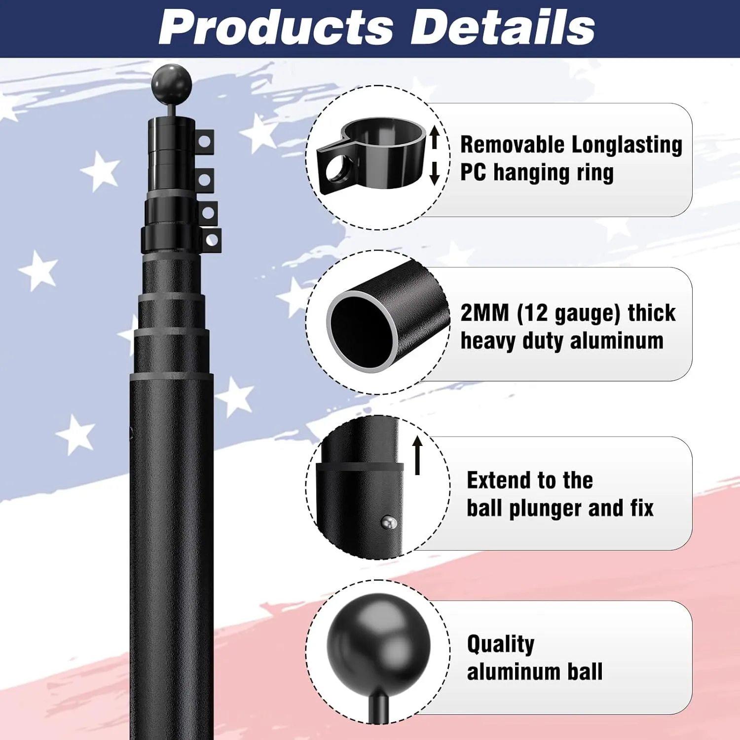 25FT Telescopic Flag Pole for Outside House, 12 Gauge Extra Thick Heavy Duty Aluminum Flagpole Kit, 100MPH Wind Tested, Includes 3x5 American Flag, for Outside House In Ground