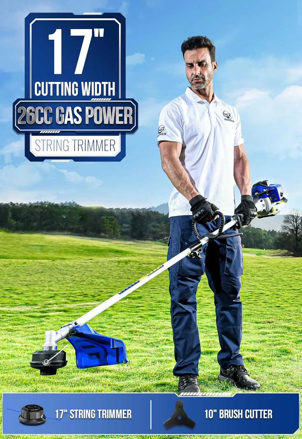 26cc Weed Wacker Gas Powered, 3 in 1 String Trimmer/Edger 17'' with 10'' Brush Cutter,Rubber Handle & Shoulder Strap Included
