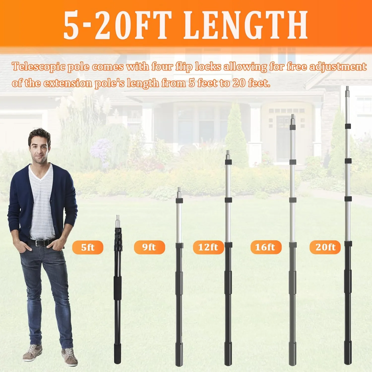 28FT Reach Telescopic Extension Pole, 5-20FT Multi-Purpose Extendable Pole with Universal Twist-on Metal Tip, Lightweight Sturdy Aluminum Paint Roller Extension Pole for Painting, Dusting and Cleaning