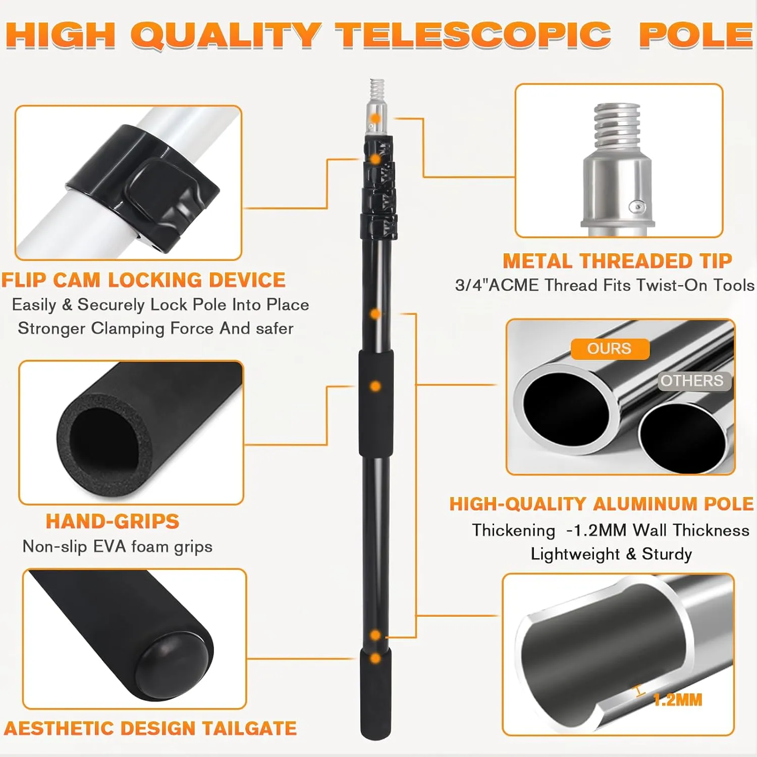 28FT Reach Telescopic Extension Pole, 5-20FT Multi-Purpose Extendable Pole with Universal Twist-on Metal Tip, Lightweight Sturdy Aluminum Paint Roller Extension Pole for Painting, Dusting and Cleaning