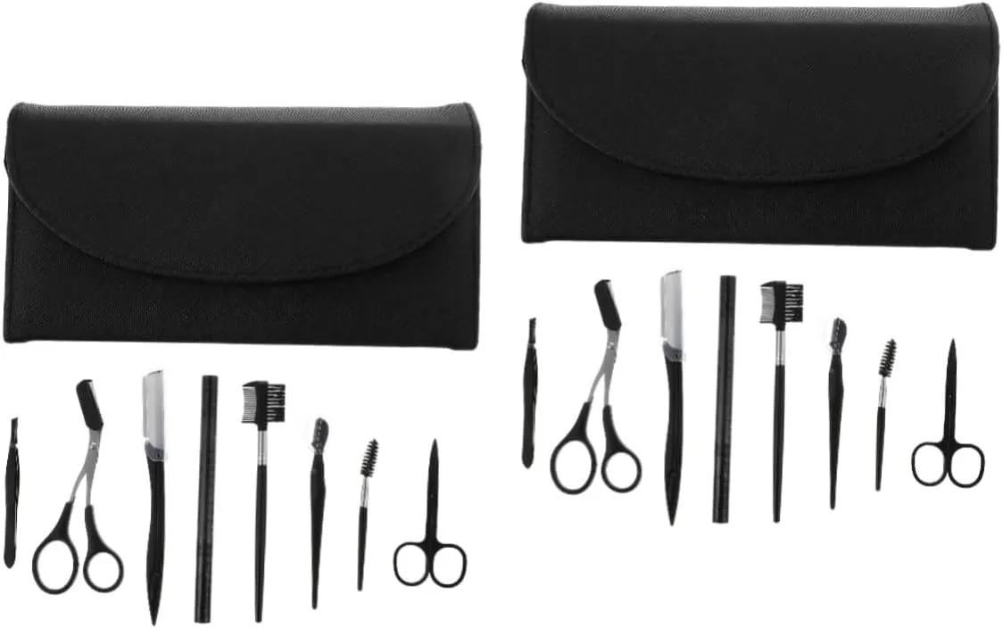2sets Stainless Steel Eyebrow Grooming Kit Razor Comb Scissor Tweezers Set for Women Men Travel Size for Makeup and Beauty 8pcs*2