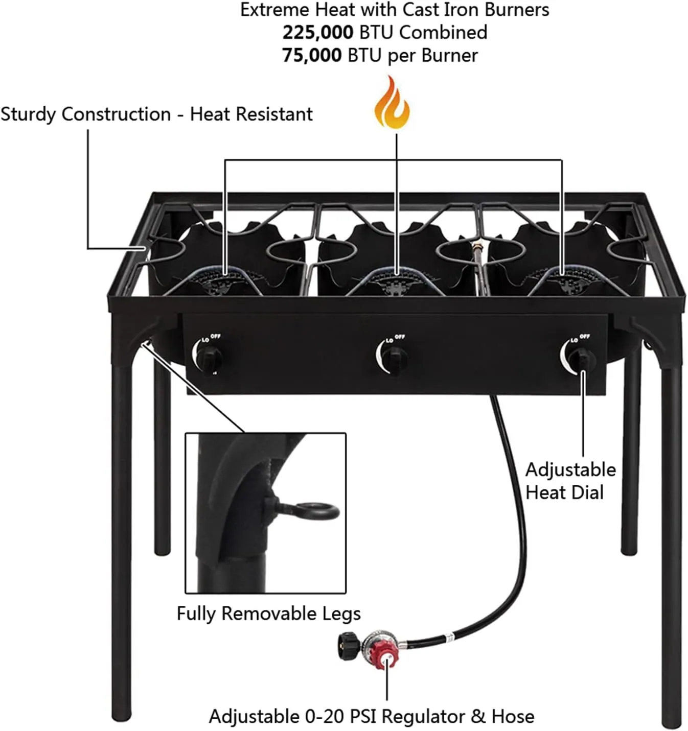 3 Burners Stove Heavy Duty Outdoor Camping Propane Cooker w/Detachable Legs&CSA Regulator for Camp Patio Home Brewing, Turkey Fry, Maple Syrup Prep.