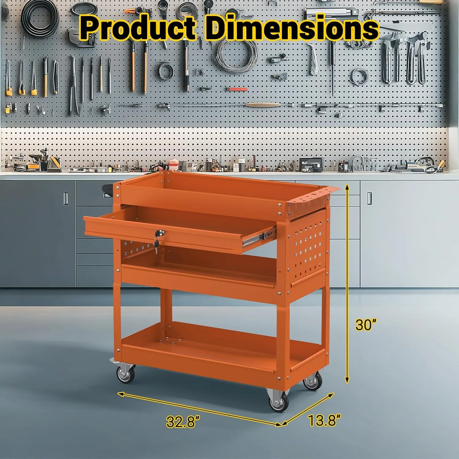 3 Tier Rolling Tool Cart on Wheels, 550 LBS Tool Cart with Drawers，Heavy Duty Utility Cart with Pegboard and Hook，Mechanic Tool Storage Cart for Garage, Warehouse and Repair Shop(Orange)