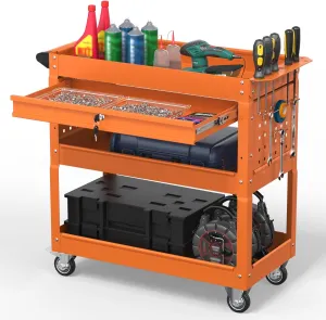 3 Tier Rolling Tool Cart on Wheels, 550 LBS Tool Cart with Drawers，Heavy Duty Utility Cart with Pegboard and Hook，Mechanic Tool Storage Cart for Garage, Warehouse and Repair Shop(Orange)